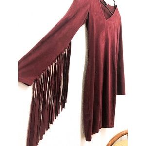 Red Suede Dress with Fringed Sleeves
